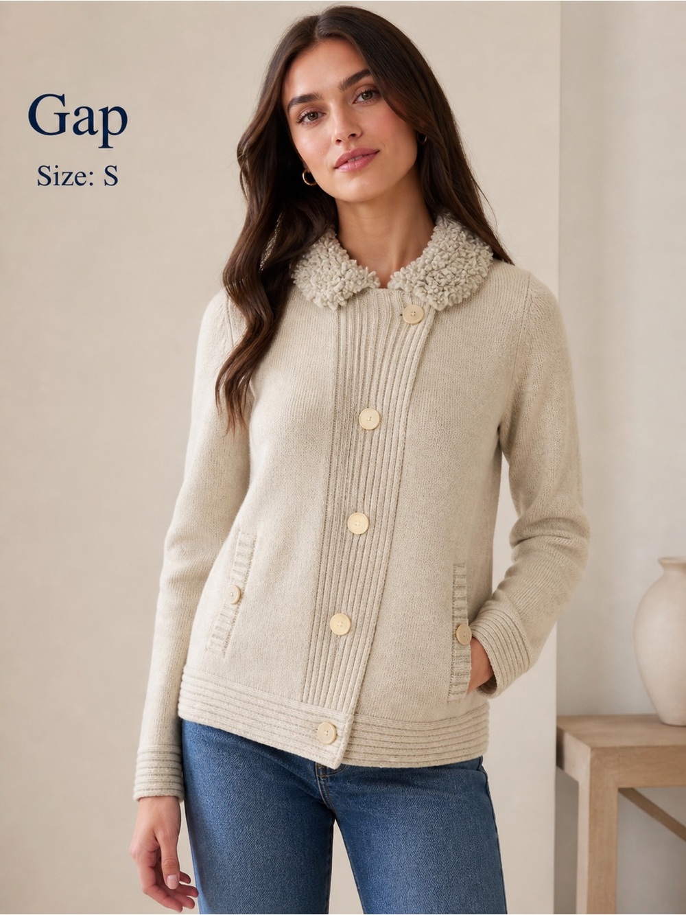 Gap Cream Wool Blend Cardigan Jacket Sherpa Collar Button Front Size S